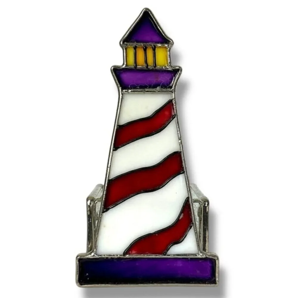 Stained Glass Lighthouse Candle Holder Glass Art Decor Purple Red Yellow 6”